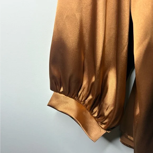 Adrienne Copper Shimmer Blouse S Metallic Satin V-Neck Stretch Top - Picture 7 of 11